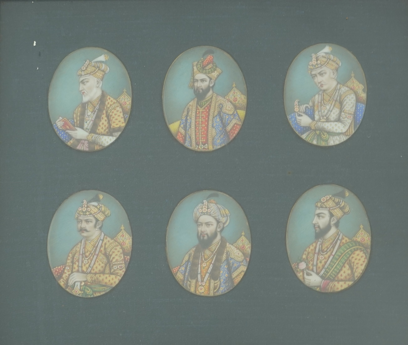 Indian School , (Late 19th century), A set of six portrait miniatures of Mughal rulers, Watercolour on Ivory, Oval, each approximately 6.2cm x 4.8cm